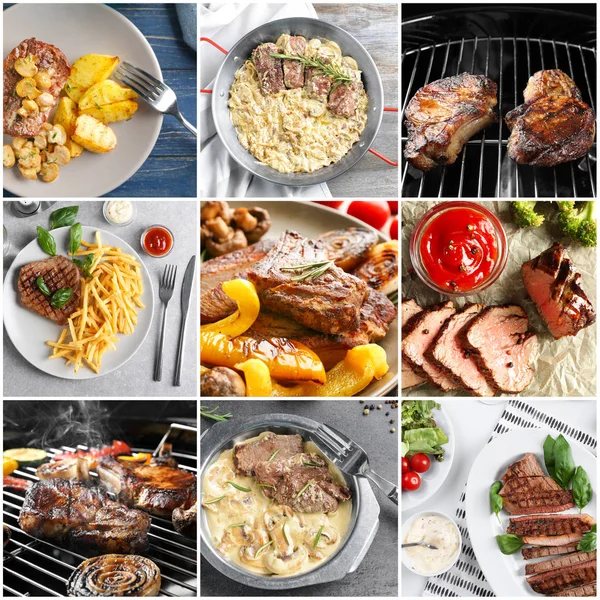 Collage of different dishes with steak — Stock Photo, Image