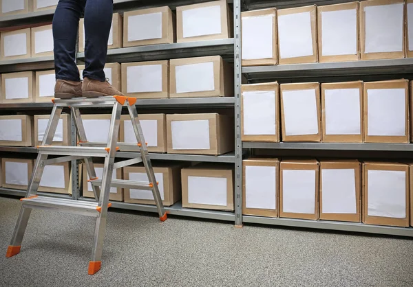 Woman standing on ladder in archive — Stock Photo, Image