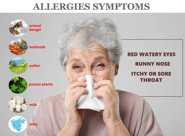 Sick senior woman and list of allergies symptoms and causes on grey background — Stock Photo, Image