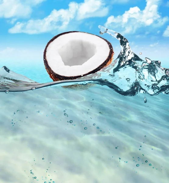 De helft van de kokosnoot drijvend op het watervlak — Stockfoto