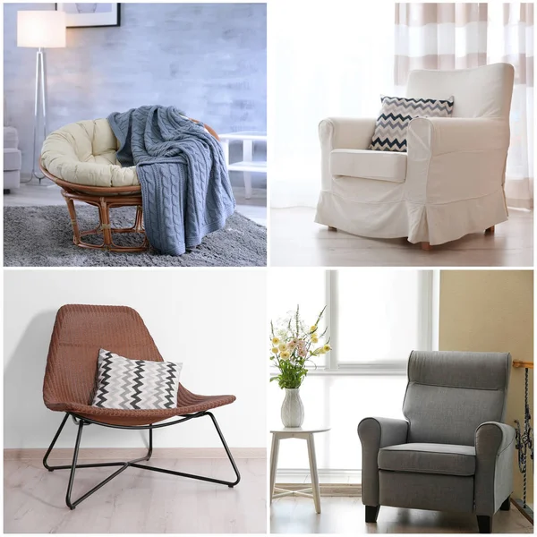 Collage with different armchairs in modern interior design — Stock Photo, Image