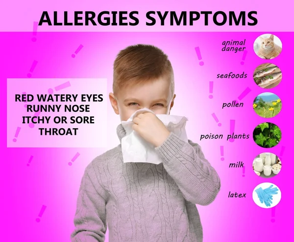 Sick little boy and list of allergies symptoms and causes on color background — Stock Photo, Image