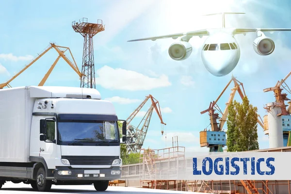 LKW auf der Straße und Flugzeug am Himmel. Konzept des Großhandels und der Logistik — Stockfoto