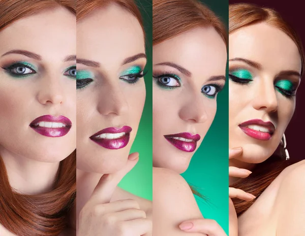 Collage of young beautiful woman with fancy green makeup — Stock Photo, Image