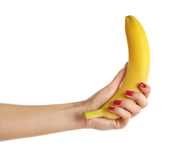 Mulher segurando banana, isolado em branco — Fotografia de Stock