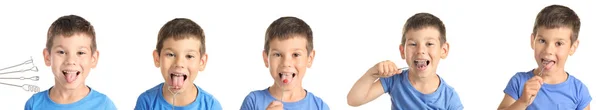 Collage de niño usando herramientas especiales sobre fondo blanco. Concepto de terapia del habla —  Fotos de Stock