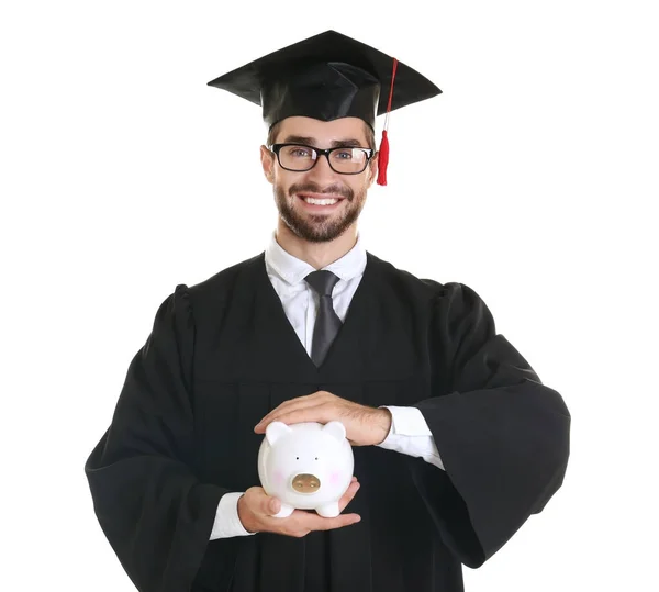 年轻的毕业储钱罐白色背景上 — 图库照片
