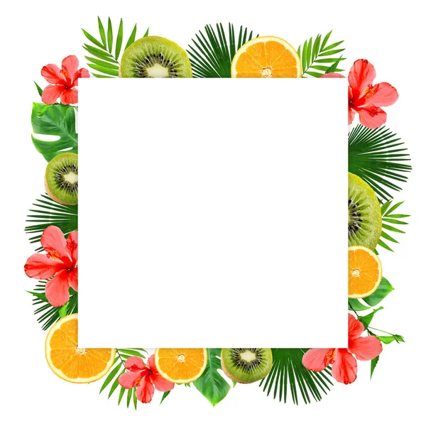 Quadro de folhas tropicais, frutas em fatias e flores — Fotografia de Stock