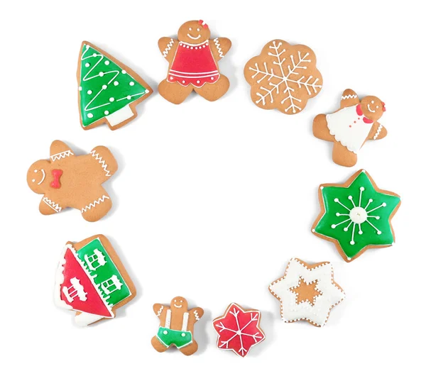 Frame made of tasty Christmas cookies on white background — Stock Photo, Image