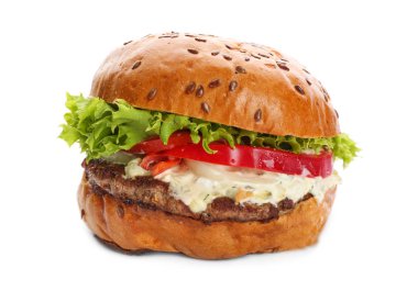 Lezzetli biftek hamburger, üzerinde beyaz izole