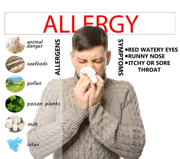 Kranker Mann und Liste der Allergien Symptome und Ursachen auf weißem Hintergrund — Stockfoto