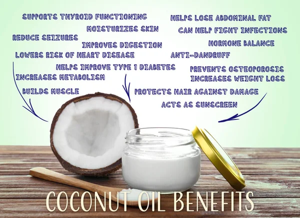 Kokosolja och lista över fördelar — Stockfoto