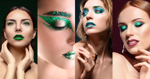 Collage av unga vackra kvinnor med fancy grön makeup — Stockfoto