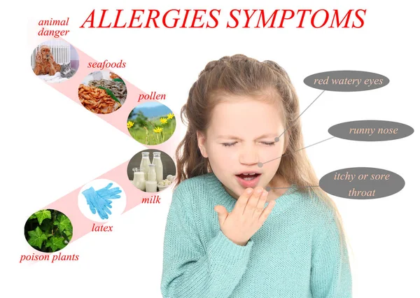 Sick little girl and list of allergies symptoms and causes on white background — Stock Photo, Image