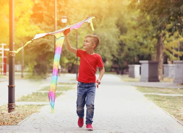 Cute little boy playing with kite in park — Stock Photo, Image