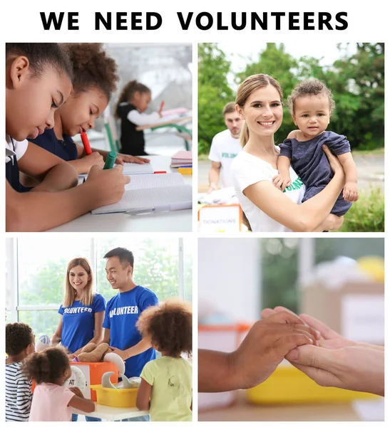 Collage Little Children Text Need Volunteers — Stock Photo, Image