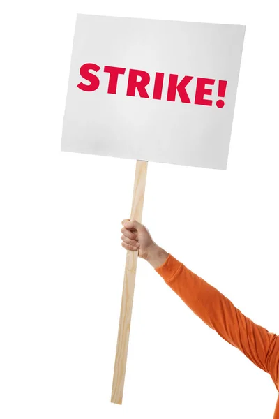 Man holding signboard with word STRIKE on white background — Stock Photo, Image