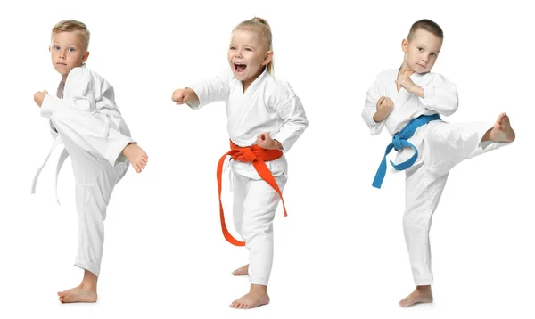 Collage mit kleinen Kindern, die Karate auf weißem Hintergrund üben — Stockfoto