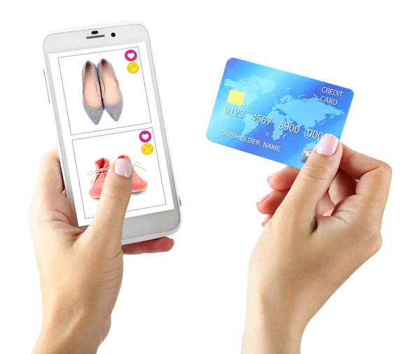 Woman using phone and credit card for internet online shopping on white background — Stock Photo, Image
