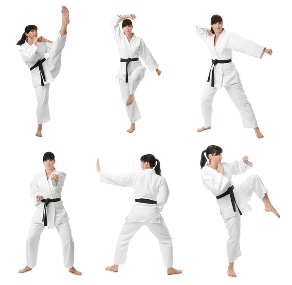Collage mit einer jungen Frau, die Karate auf weißem Hintergrund übt — Stockfoto
