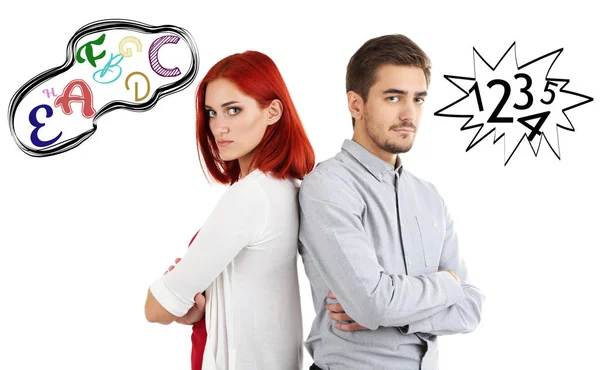 Young man and woman with different ways of thinking on white background — Stock Photo, Image