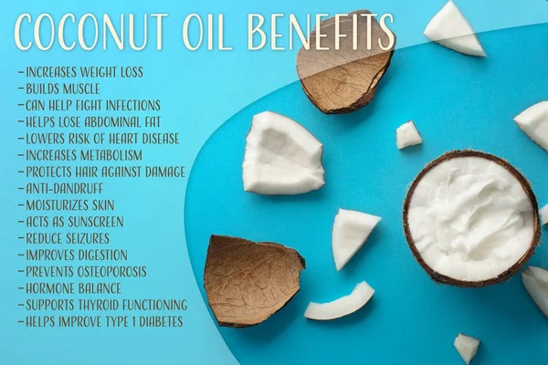 Coconut oil and list of benefits — Stock Photo, Image