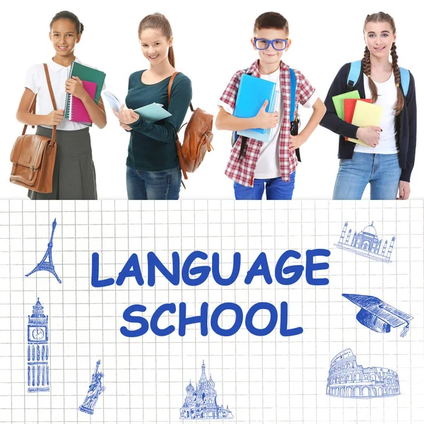 Tekst Language School Kinderen Witte Achtergrond — Stockfoto