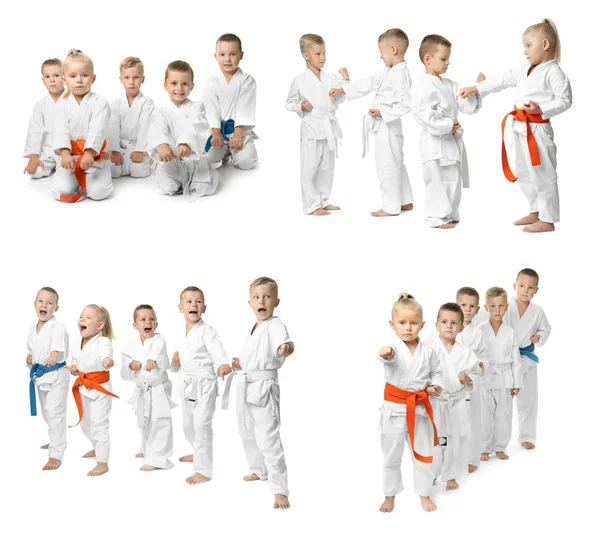 Küçük çocuklu karate beyaz arka plan üzerinde pratik kolaj — Stok fotoğraf