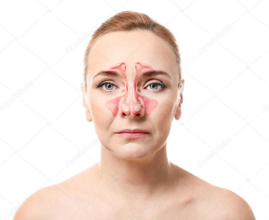 Mature woman with illustration of paranasal sinus on grey background. Asthma concept
