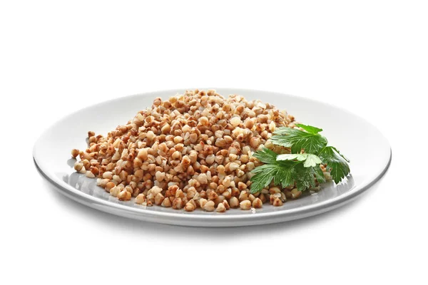 Plate with cooked buckwheat — Stock Photo, Image