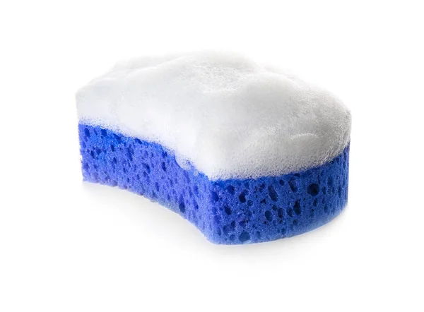 Sponge with suds on white background — Stock Photo, Image