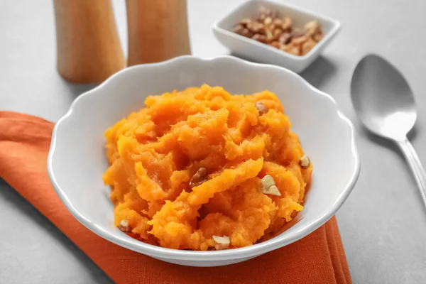 Bowl with mashed sweet potato — Stock Photo, Image