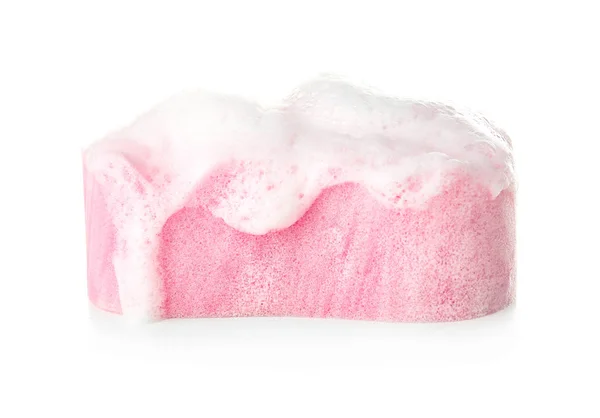 Sponge with suds on white background — Stock Photo, Image