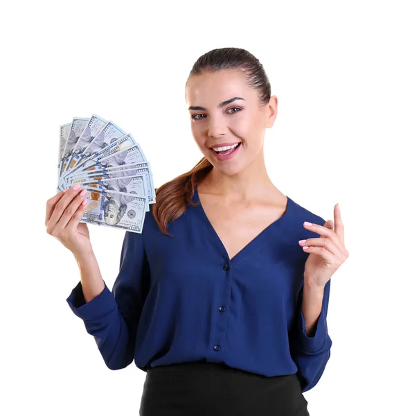 Beautiful young woman with money on white background — Stock Photo, Image