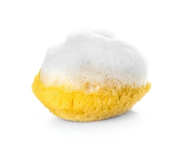 Sponge with suds on white background — Stock Photo, Image