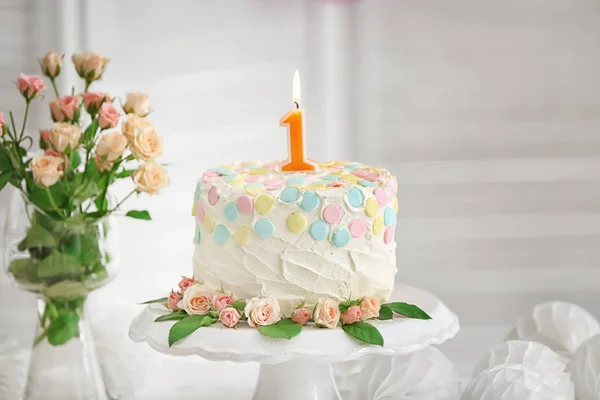 Cake with candle for first birthday — Stock Photo, Image