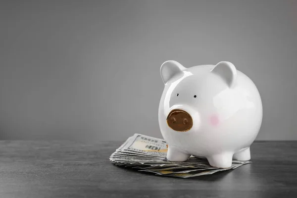 Schattig spaarvarken met geld op tafel tegen de grijze achtergrond — Stockfoto