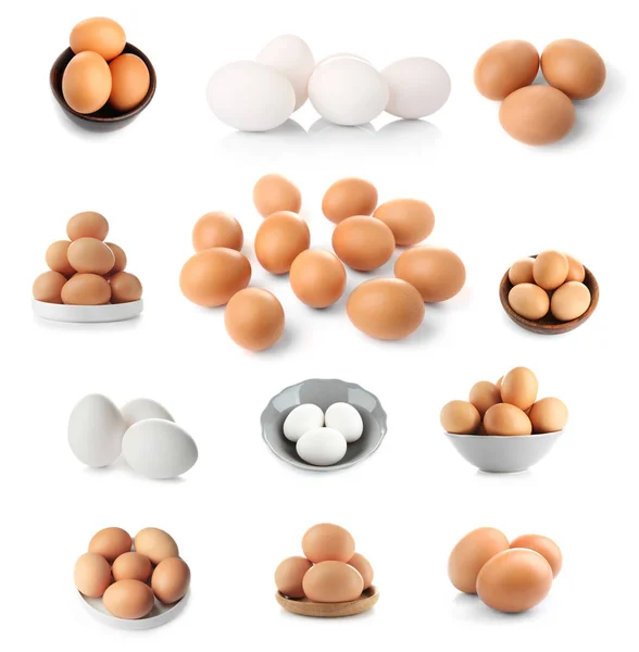 Collage with chicken eggs on white background — Stock Photo, Image