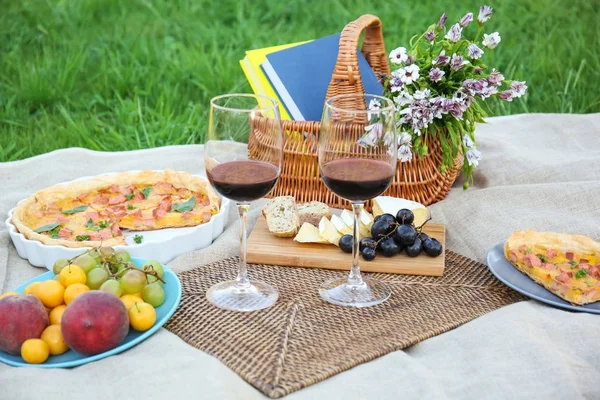 Вкусная еда для пикника и бокалы вина — стоковое фото