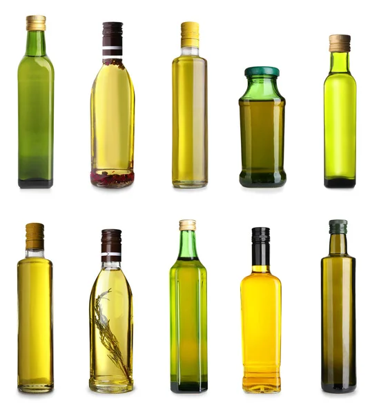 不同的橄榄油瓶在白色背景 — 图库照片