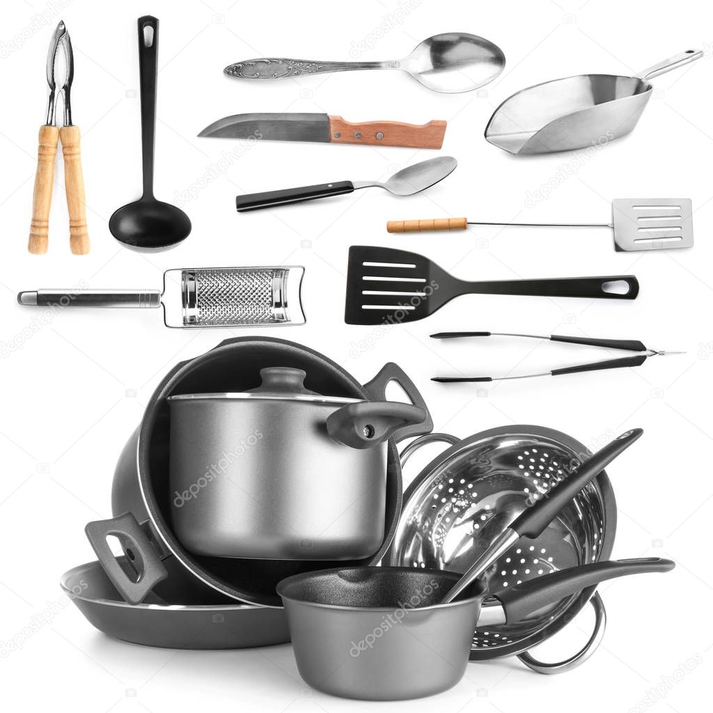 Set of cooking utensils on white background