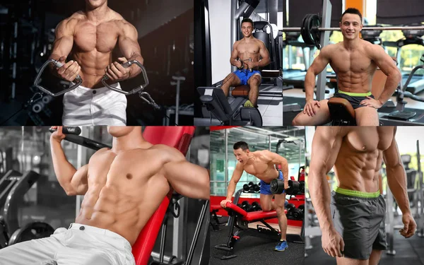 Collage with bodybuilder training n gym — Stock Photo, Image
