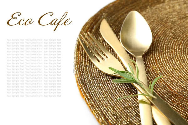 Cutlery and text ECO CAFE on white background — Stock Photo, Image