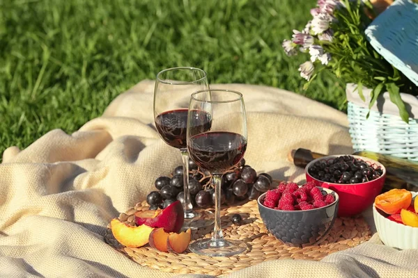 ワインと熟した果物のピクニックのためのメガネ — ストック写真