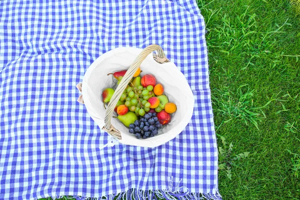 Cesta de picnic con frutas en manta a cuadros — Foto de Stock
