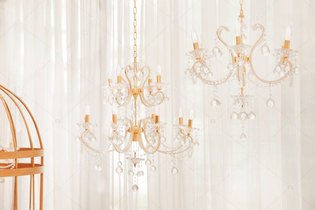 Miniature chandeliers in wedding hall