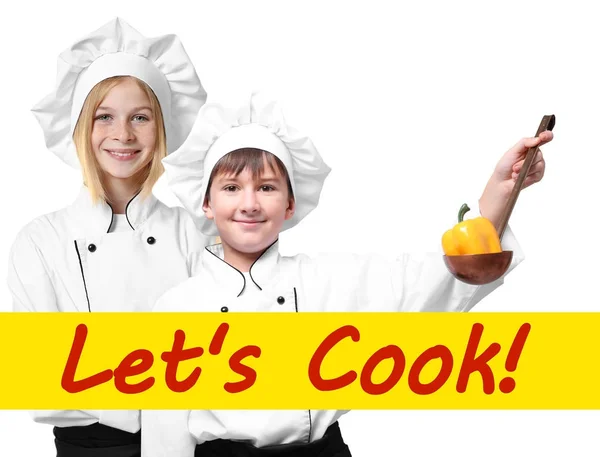 Crianças Uniforme Chef Texto Let Cook Sobre Fundo Branco — Fotografia de Stock