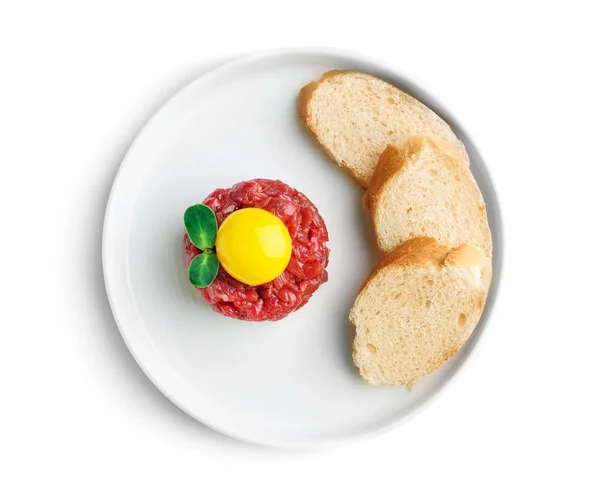 Plate with delicious steak tartare and bread — Stock Photo, Image