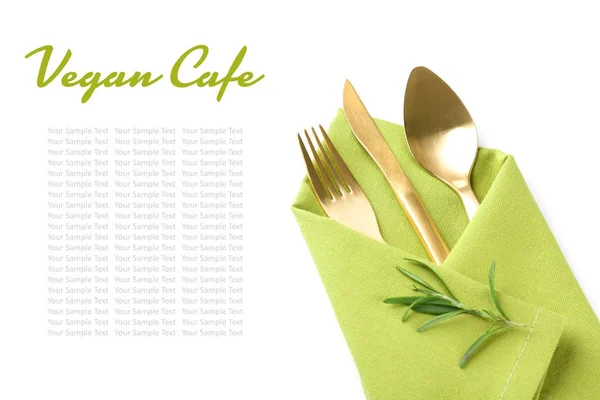 Cutlery and text VEGAN CAFE on white background — Stock Photo, Image