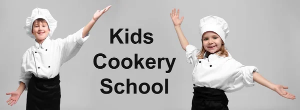 Szakács Egyenruhák Szöveg Gyerekek Cookery Iskola Szürke Háttér — Stock Fotó